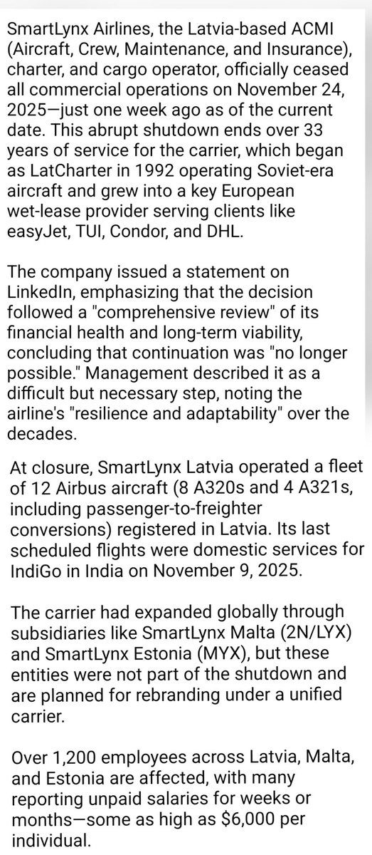 FlightModeblog's tweet photo. #SmartLynx Airlines, the Latvia-based ACMI (Aircraft, Crew, Maintenance, and Insurance), charter, and cargo operator, officially ceased all commercial operations on November 24, 2025—just one week ago as of the current date.
📷 ©️SmartLynx
#Latvia #aviation #avgeek #avgeeks https://t.co/qdBSxbaS7a