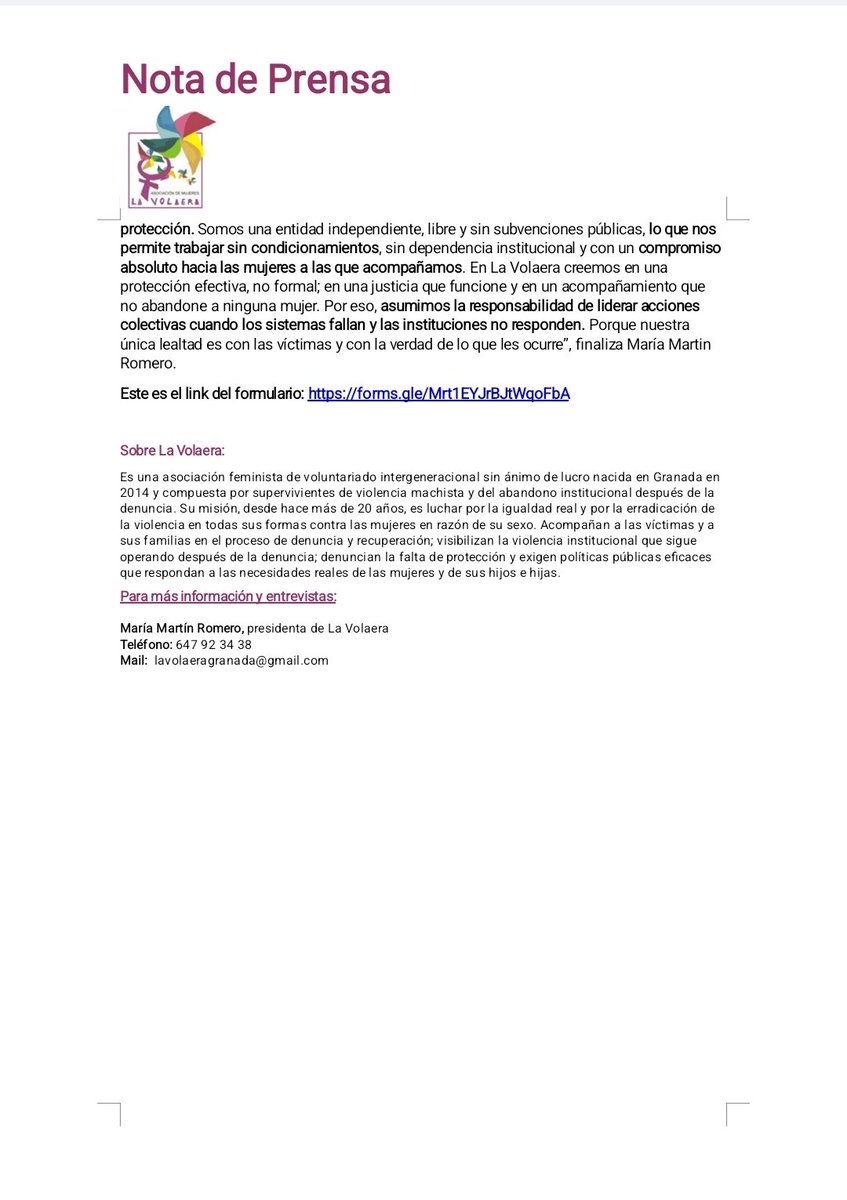 <a href="/LaVolaeraGR/">La Volaera Granada</a> buscamos víctimas afectadas por los fallos de las pulseras para interponer una denuncia colectiva
Acabamos de habilitar un formulario seguro y confidencial:🚨🚨🚨
<a href="/EFEnoticias/">EFE Noticias</a>
<a href="/europapress/">Europa Press</a>
<a href="/ideal_granada/">ideal_granada</a>
<a href="/A3Noticias/">Antena 3 Noticias</a>

Link del formulario: forms.gle/Mrt1EYJrBJtWqo…