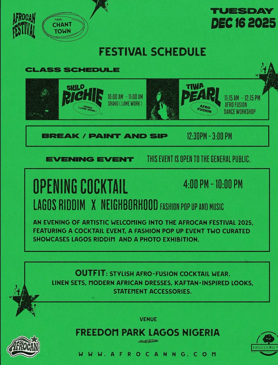KRED0L's tweet image. Day1 started with Energetic Classes
From SKILO RICHIE &amp;amp; TIWAPEARL then Opening Cocktail x Lagos Riddim x Neighborhood 
An evening of artistic welcoming into the Afrocan Festival 2025, featuring a cocktail event, two curated events.
CHANT TOWN Festival is one of a kind.