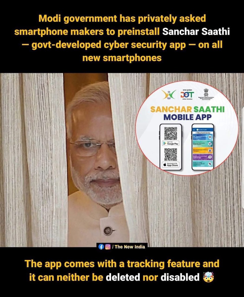 BJP Govt’s New Low: Forced Surveillance on Every Indian Phone

•  Secretly ordered all phone makers to pre-install “Sanchar Saathi” app on new smartphones

•  Cannot be deleted or disabled – permanent backdoor

•  Full access: calls, SMS, location, camera, IMEI tracking

•