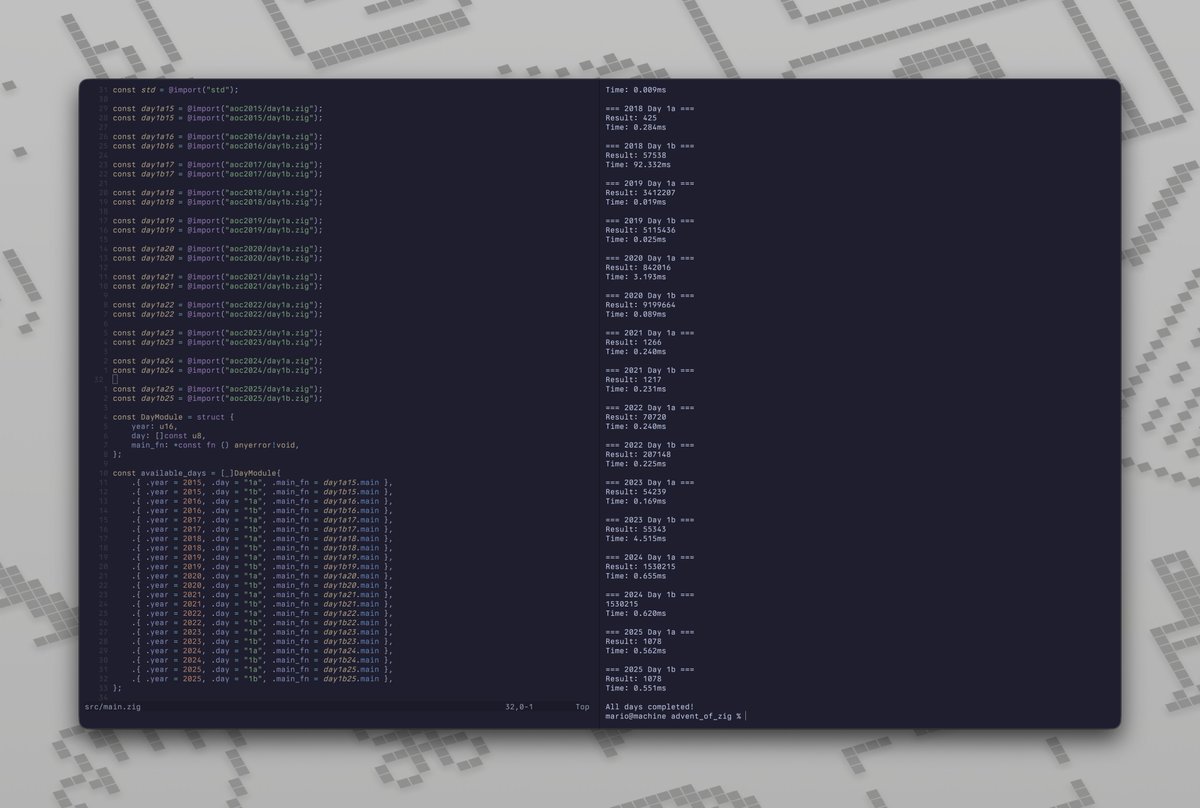 mariodev__'s tweet image. Love my #AdventOfCode setup for @ziglang oddly satisfying
