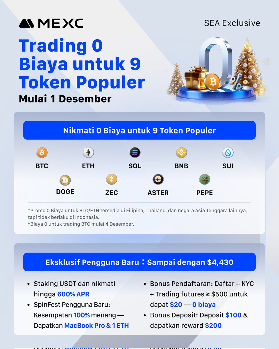 🎄 Christmas Surprise dari MEXC!
Trading BTC, ETH &amp; Top Tokens tanpa biaya! 🎉

🔥 0 Fee Trading Schedule
• ETH mulai 1 Des 16:00 UTC
• BTC mulai 4 Des 16:00 UTC
• Token lain yang juga 0 fee:
SOL, ZEC, SUI, DOGE, BNB, ASTAR, PEPE
(Maker 0% / Taker 0% semuanya FREE!)

🎁 Bonus