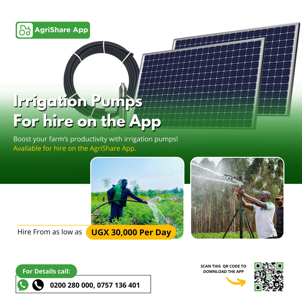 Yes, it’s hot — but your pocket shouldn’t burn.

Join the new way of farming: irrigate and secure your harvest.

Need equipment? Hire or buy through AgriShare.