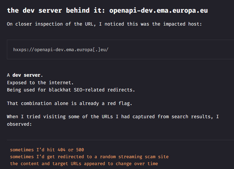 "how i found a europa .eu compromise"

I stumbled across a suspicious search result on a europa .eu dev subdomain. It was being abused for blackhat SEO and redirecting users to scam streaming sites.

blog.himanshuanand.com/2025/11/how-i-…
