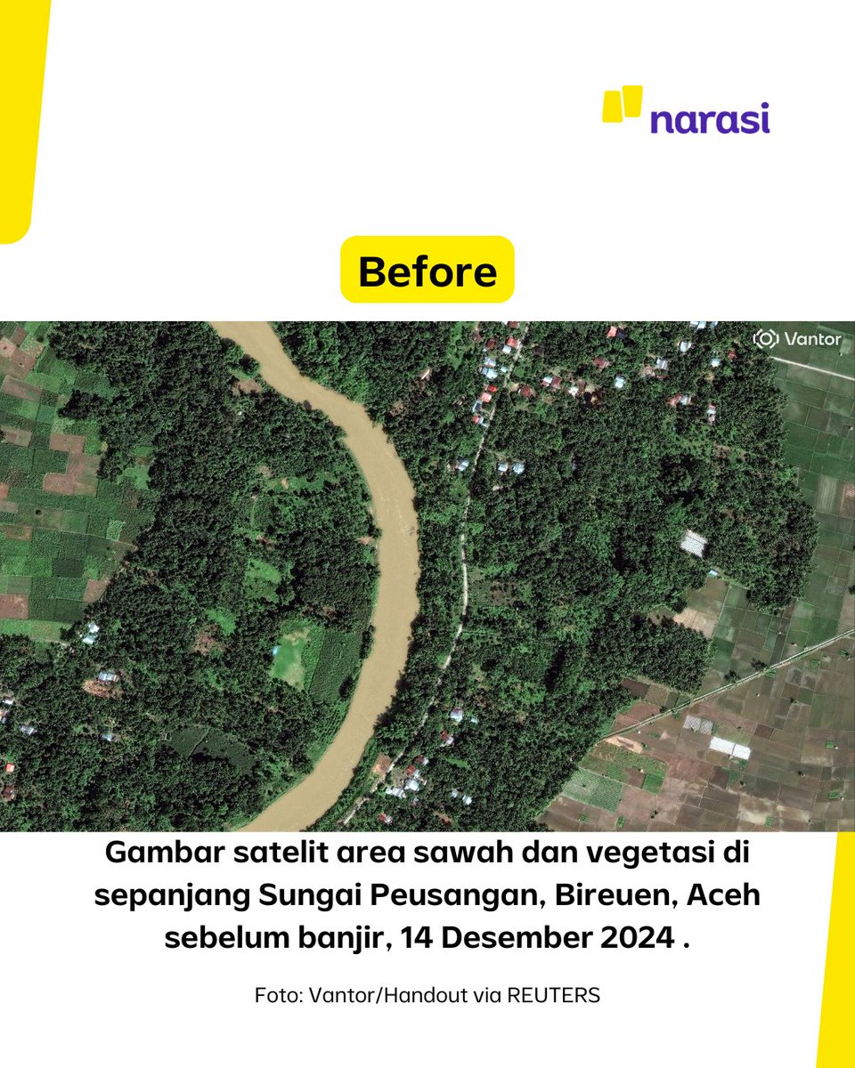 narasitv's tweet photo. Ini gambar satelit sebelum dan sesudah banjir di area Peusangan, Bireun, Aceh 🥺🥺

| Narasi https://t.co/qoDZMEUPAz