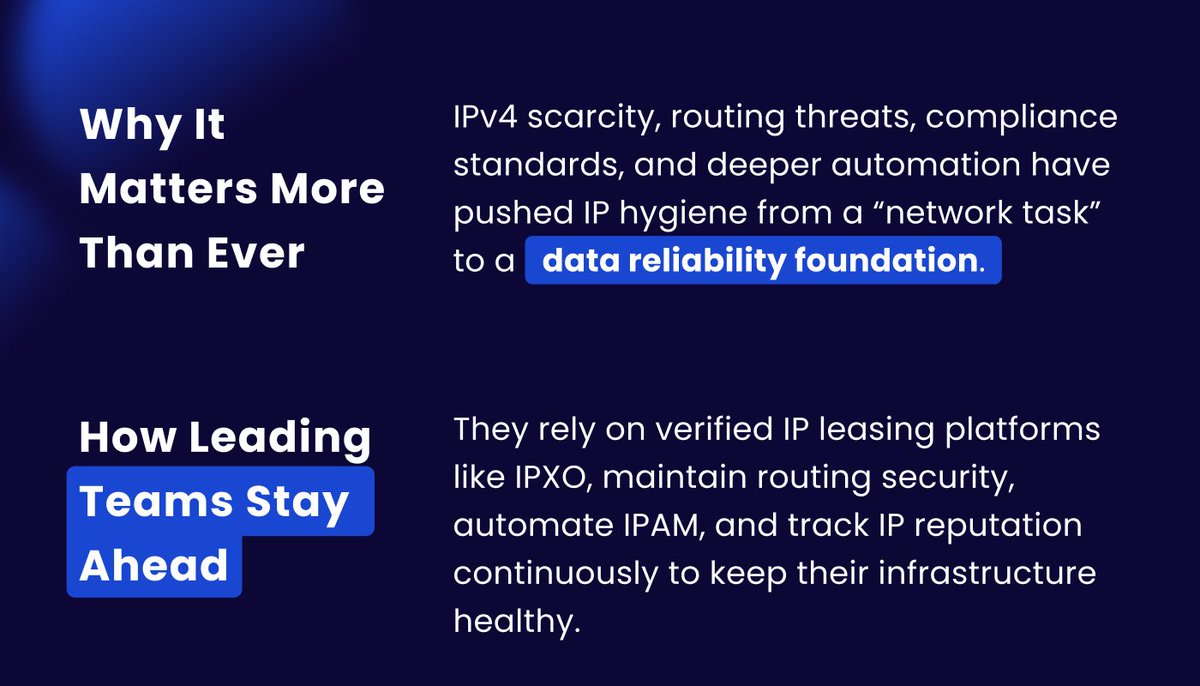 IPXOcom's tweet image. Reliable data pipelines start with trusted infrastructure 🌐
Rayobyte explains how IP reputation and routing hygiene influence enterprise automation and performance.

Read nthe blog post: ipxo.com/blog/clean-ip-…

#IPXO #Networking