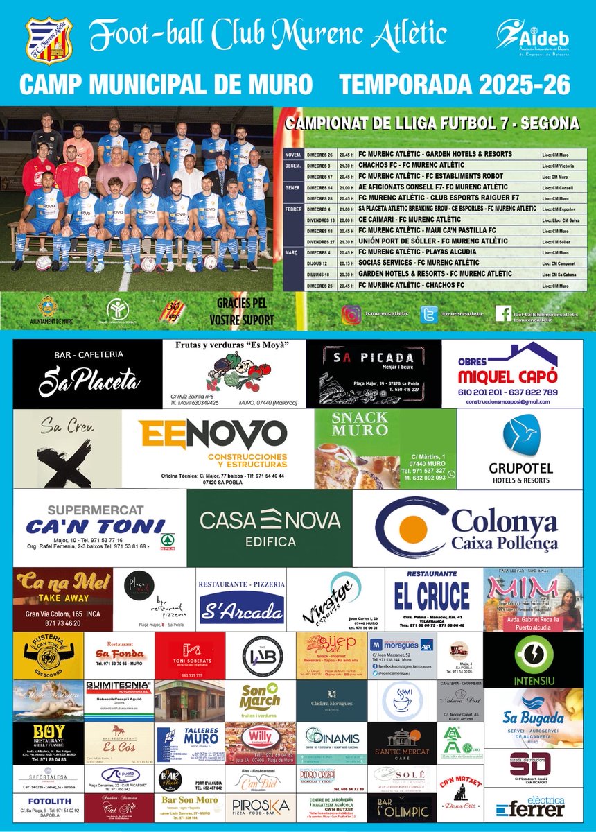 🗞 Cartell campionat de lliga (temporada 2025-2026). Moltes gràcies a tots els espònsors que col·laboren amb nosaltres! 🤝⚽️💙🤍