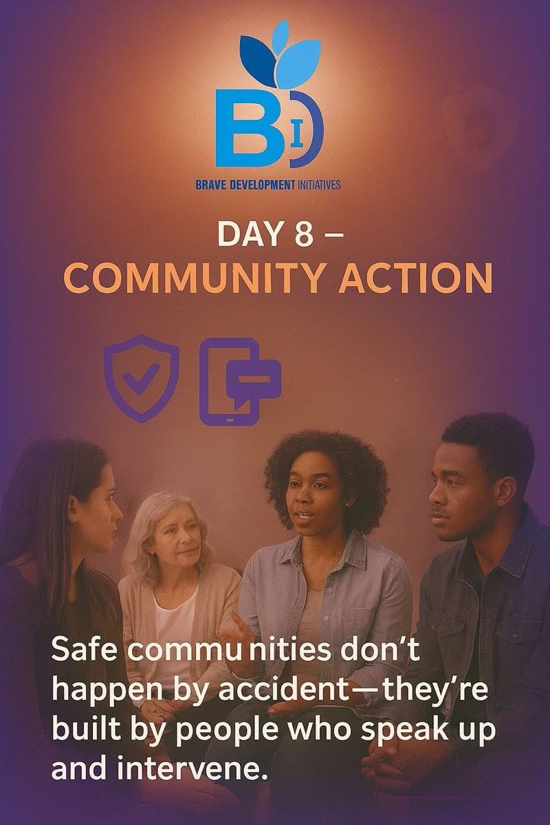 BraveYouthDev's tweet photo. DAY 8 COMMUNITY ACTION
Safe communities don’t just happen we build them.
When people speak up, intervene, and look out for one another, we create environments where everyone can thrive. 
Let’s stand together, take action, and make our communities safer for all.
#16DaysOfActivism https://t.co/lAsmJi8gOt