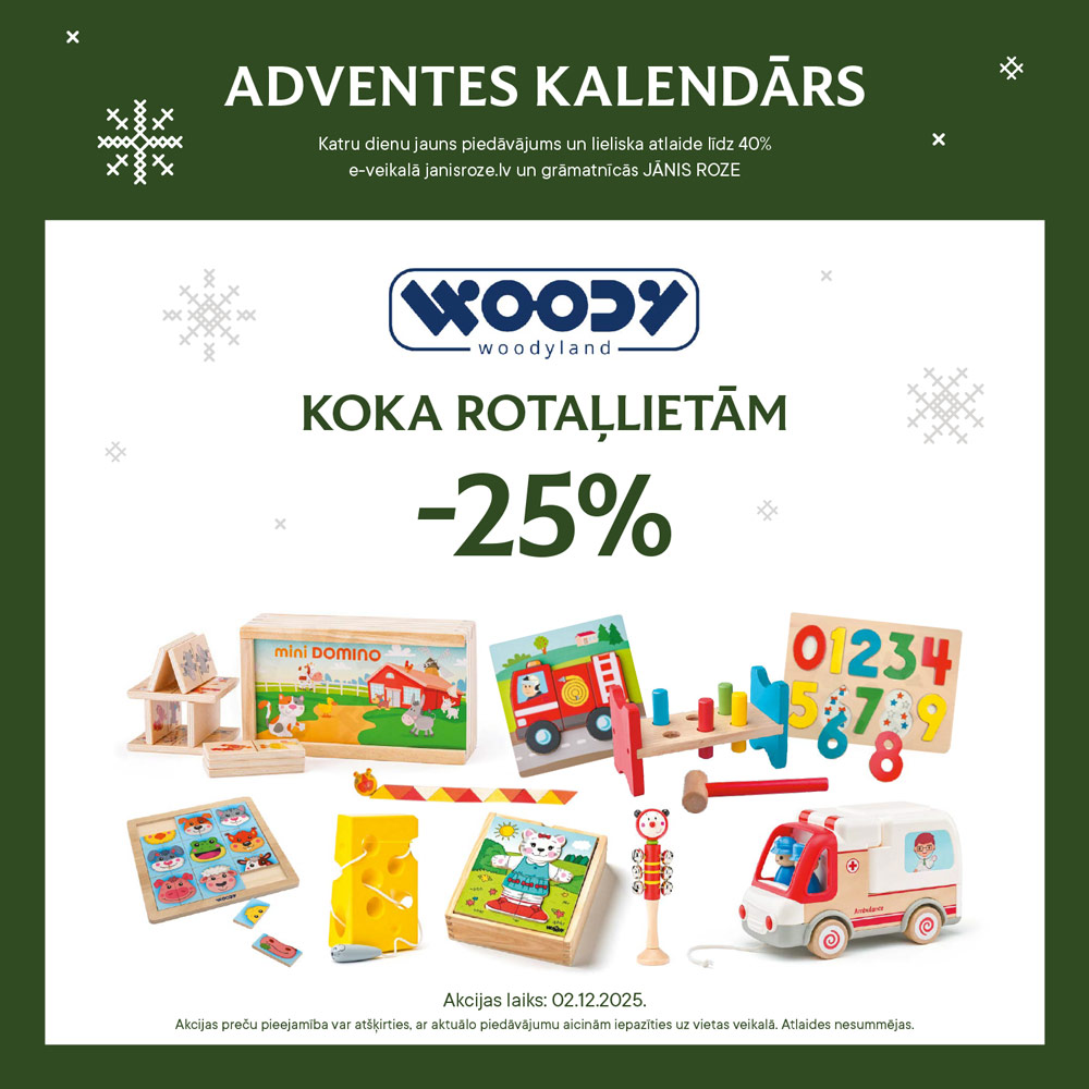 Otrajā decembrī vārda dienu svin Metas un Sniedzes! Sveicam un šodien veram vaļā mūsu Adventes kalendāra otro lodziņu! Tajā ir 25% atlaide WOODYLAND koka rotaļlietām: janisroze.lv/advent Lai prieks spēlēties un mācīties!
