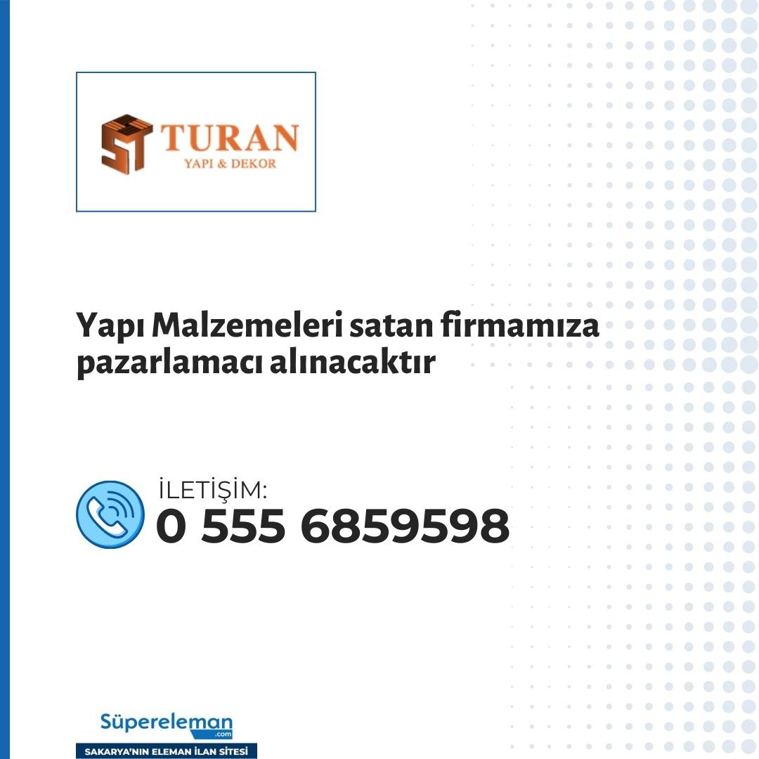 Yapı Malzemeleri satan firmamıza pazarlamacı alınacaktır

📌 İlan detayları:
supereleman.com/job/job_oq23_1…

🌐 Daha fazla ilan görmek için web sitemizi ziyaret edebilirsiniz: supereleman.com #sakarya #işilanı #işfırsatı #personel