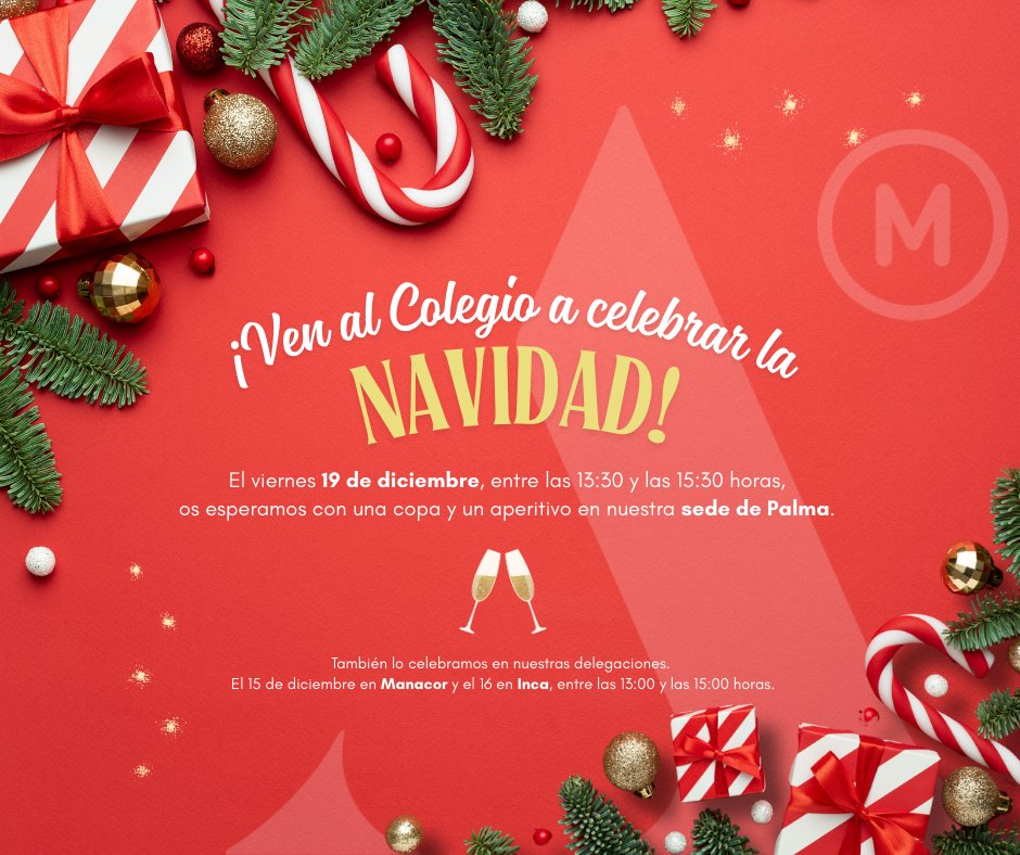 🎄💫 Celebram Nadal amb els nostres col·legiats!
El divendres 19 de desembre us esperam en la nostra seu de Palma. 
🌟 També a les delegacions. A Manacor el dilluns 15 de desembre i a Inca el dimarts 16 de desembre. 
𝐔𝐬 𝐞𝐬𝐩𝐞𝐫𝐚𝐦!