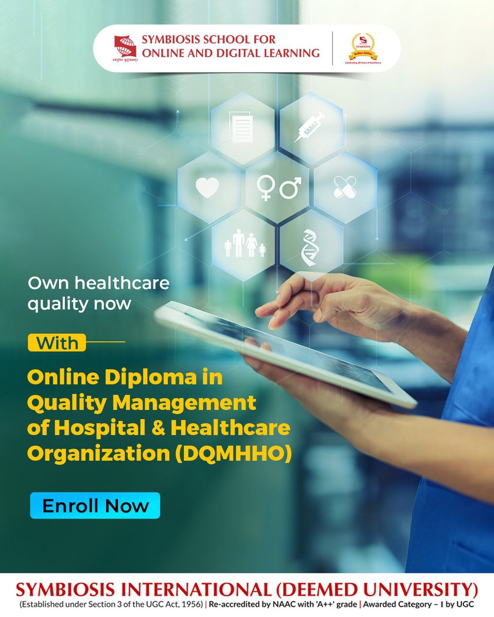 SSODLPune's tweet photo. Upgrade your healthcare career online. Learn in-demand skills with the Diploma in Quality Management of Hospital &amp; Healthcare Organization (DQMHHO) and become a pro in hospital and healthcare quality management. Drive impact, ensure excellence, and https://t.co/lBxeMhCrFq