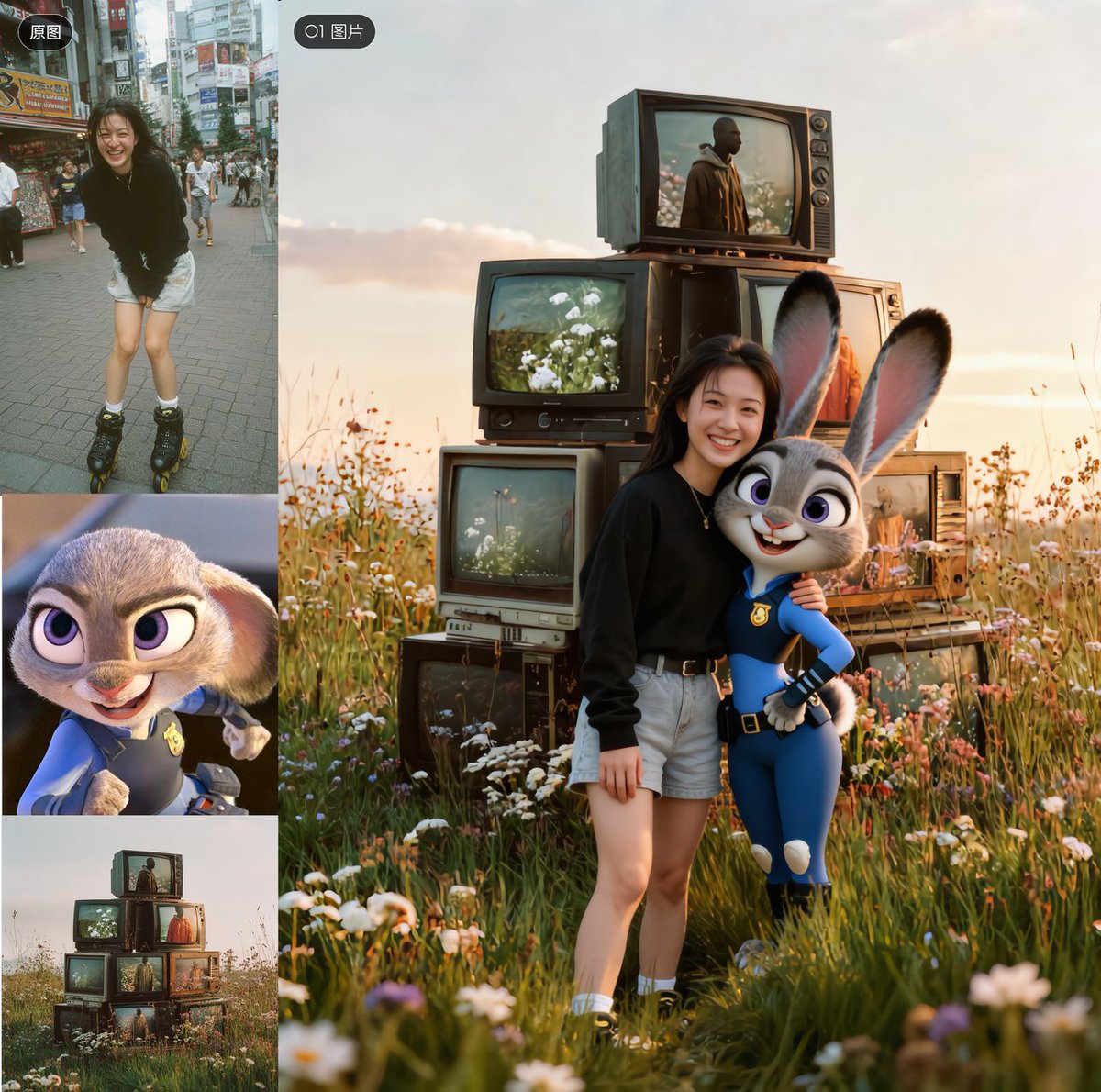 說完了影片我們來看一下O1 圖片。
輸入框左下角切換為圖片就可以使用,支援上傳多張圖片以及加入對應的主體,並對圖片進行編輯。
搞一下最近很火紅的跟朱迪合影,這個其實相對複雜點,涉及到場景一致性、而且人物和動畫角色風格不太一樣。