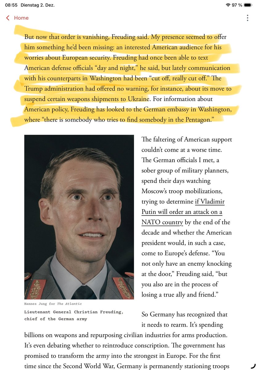 joerglau's tweet photo. What a time to be alive when a piece on the “new German War Machine” is most popular at The Atlantic, followed by the appeal to kick Pete Hegseth out.

https://t.co/HSwYkFownS https://t.co/qtdKpx5Cj3
