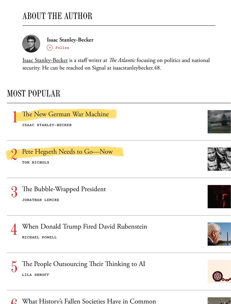 joerglau's tweet photo. What a time to be alive when a piece on the “new German War Machine” is most popular at The Atlantic, followed by the appeal to kick Pete Hegseth out.

https://t.co/HSwYkFownS https://t.co/qtdKpx5Cj3