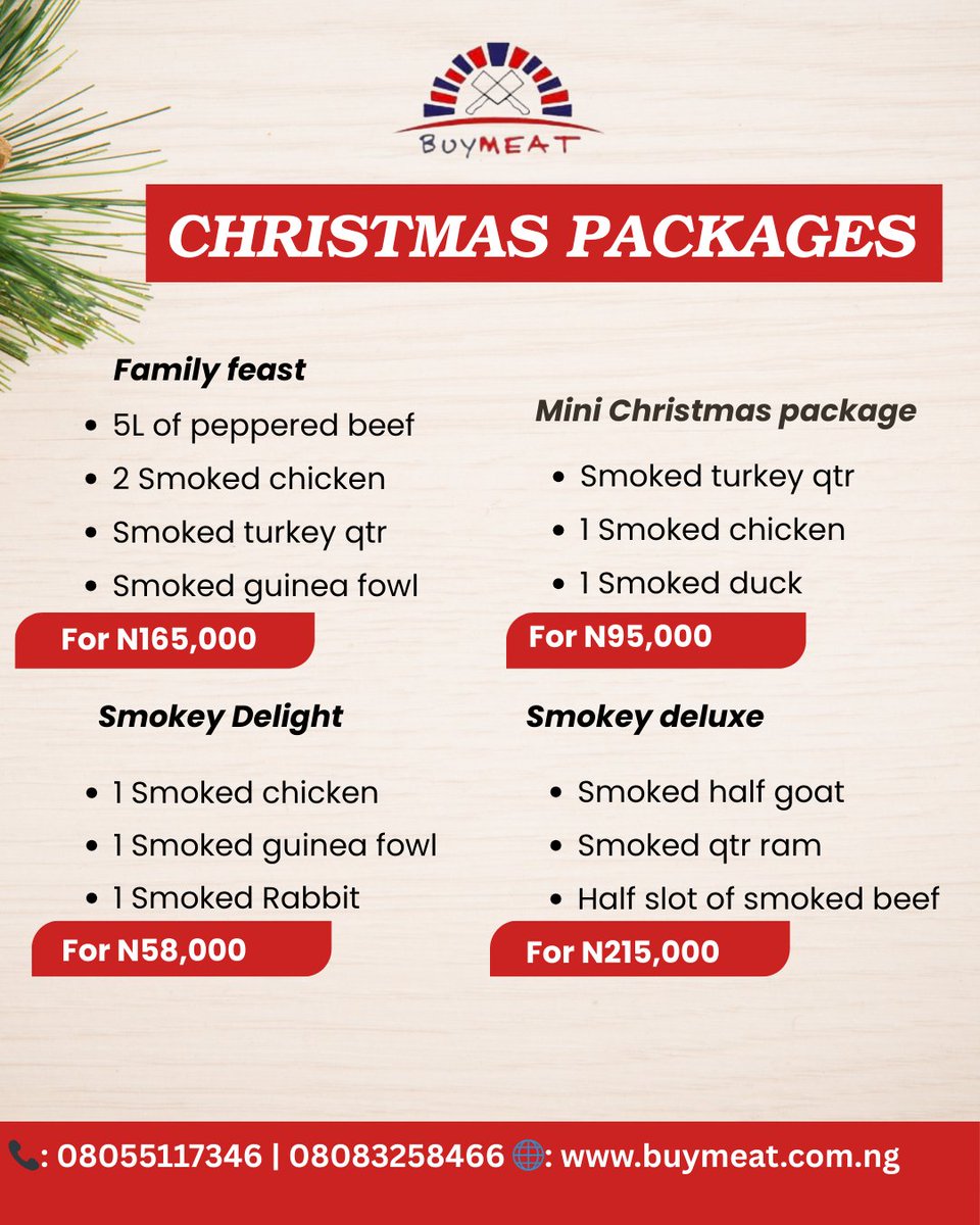 BuymeatNG's tweet photo. 🔔🎄 OUR DECEMBER MEAT PACKS ARE OUT!

Let us handle the proteins while you focus on enjoying the holidays.

Premium quality, great prices, and curated bundles for every pocket plus FREE delivery on every order.

Place your order early and enjoy a hassle-free festive season!🤶 https://t.co/VCBCq2O97J
