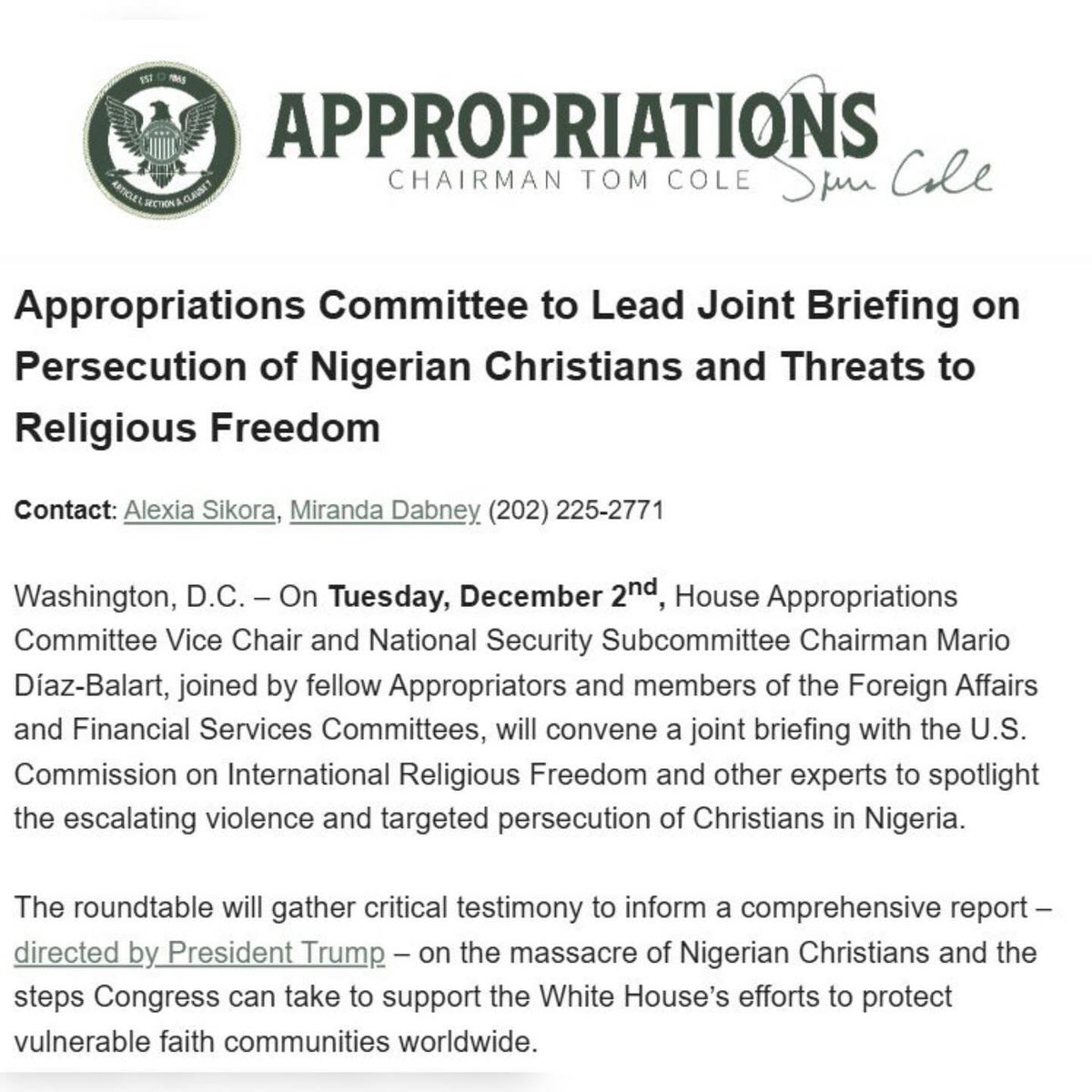 ChinasaNworu's tweet photo. Trump orders House Committee to carry out thorough congressional probe into alleged persecution of Christians in Nigeria

U.S. Congressman Riley M. Moore has revealed that President Donald Trump instructed him and the Republican-led House Appropriations Committee to launch a thorough investigation into the alleged persecution of Christians in Nigeria.

In a post shared on his verified X account, Moore stated that Trump’s directive follows growing reports alleging that thousands of Christians across Nigeria face attacks, discrimination, and pressure because of their faith.

He also noted that the committee had already begun preliminary work on the issue, and the latest instruction would deepen efforts to uncover the full scope of the situation.

Moore disclosed that the committee will convene a roundtable discussion with experts, human rights organizations, and religious leaders to better understand the security challenges and alleged violations of religious freedom in various parts of Nigeria.
@real_IpobDOS 
@radiobiafralive