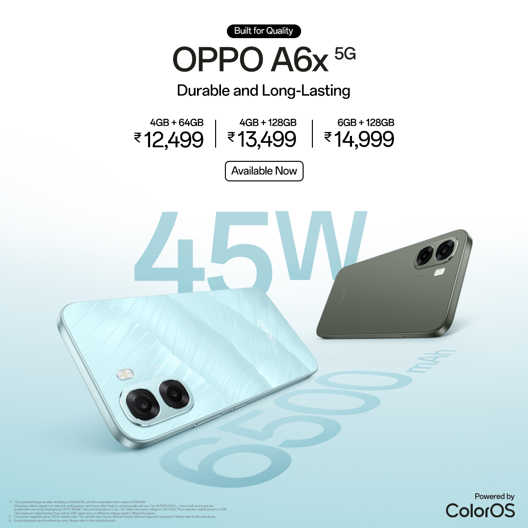 OPPOIndia's tweet photo. The new #OPPOA6x5G is now available at ₹12,499 (4+64GB), ₹13,499 (4+128GB) and ₹14,999 (6+128GB) in two shades: Ice Blue and Olive Green. Delivering smooth, #DurableAndLongLasting performance you can depend on. 

Buy now : https://t.co/26TRjJMAxV

#BuiltForQuality https://t.co/yxzIoSv4In