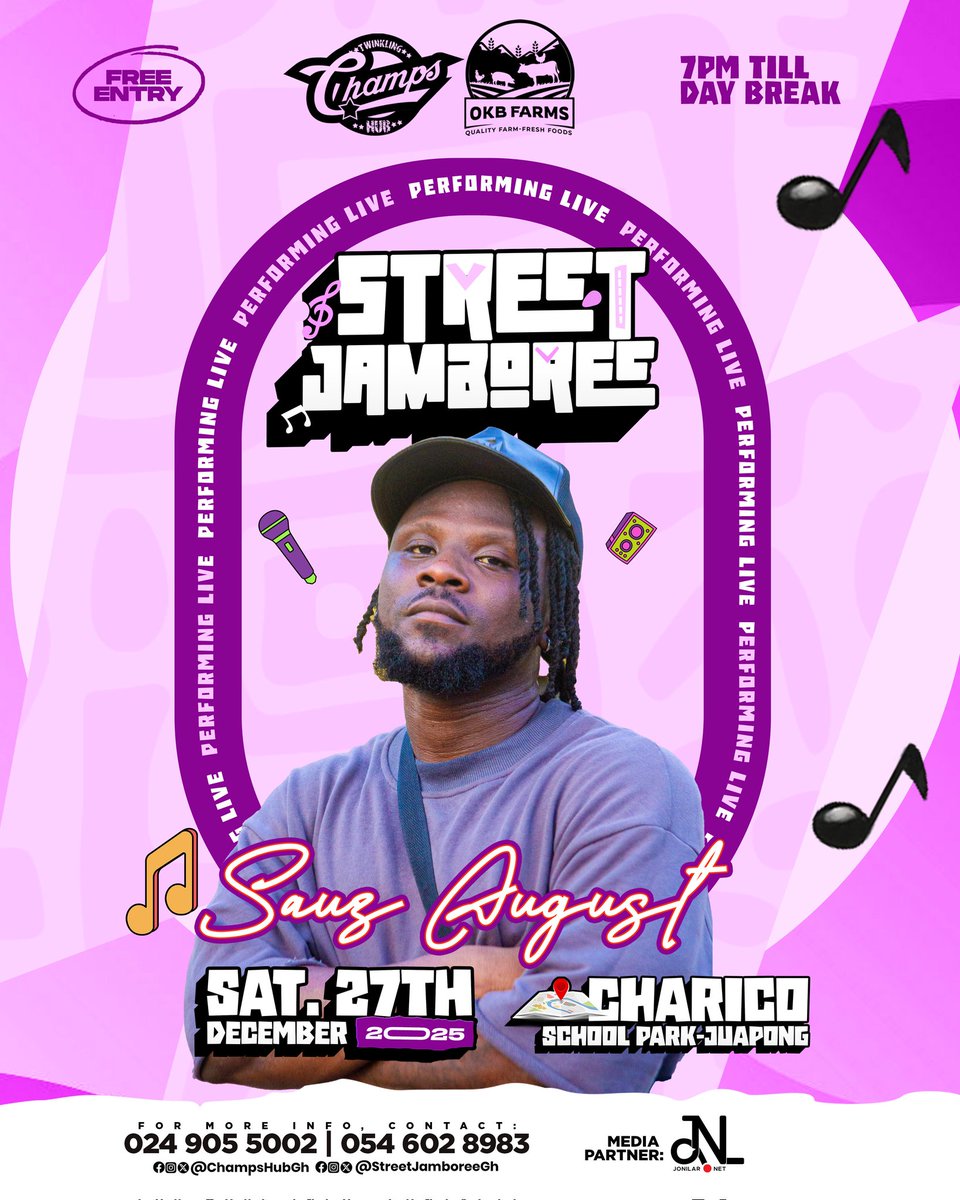 JamTown's very own <a href="/Bryt_Gee/">Bryt Gee</a> and Oti Region's <a href="/SauzAugust/">Sauz August</a> will be performing at this year's <a href="/StreetJamboree/">Street Jamboree</a> 2️⃣0️⃣2️⃣5️⃣.

This year's edition is brought to you by <a href="/ChampsHubGh/">Champs Hub - Ghana</a> partnered by <a href="/OkbFarms/">OKB Farms</a>

#ChampsHubGh #StreetJamboree
#LiveConcert #DecemberInJuapong
#ExperienceTheMagic 🔥