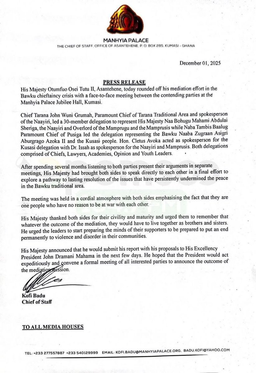 Asantehene Otumfuo Osei Tutu II has announced the completion of his mediation in the Bawku chieftaincy conflict after convening a final face-to-face meeting between the disputing factions at the Manhyia Palace in Kumasi. 

Delegations representing the Naayiri and the Bawku Naba
