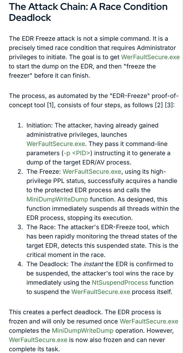 blackorbird's tweet image. A new evasion technique known as &quot;EDR-Freeze&quot; has emerged, changing the way attackers neutralize endpoint security. Unlike traditional methods that attempt to crash or terminate security software (which often triggers alerts), EDR-Freeze suspends the security process entirely,…