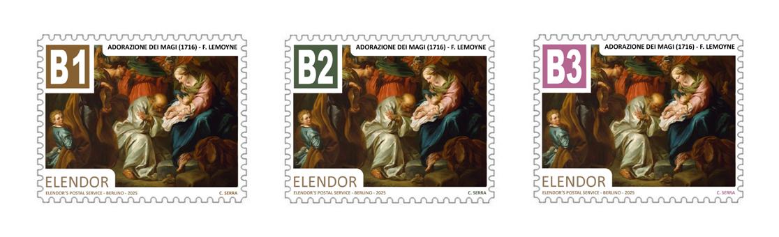 #Filatelia - Emessi oggi tre francobolli della serie tematica "le Ricorrenze" dedicati al Santo Natale. Su ciascun valore è riprodotto "Adorazione dei Magi" di François Lemoyne, realizzato nel 1716 (ca).