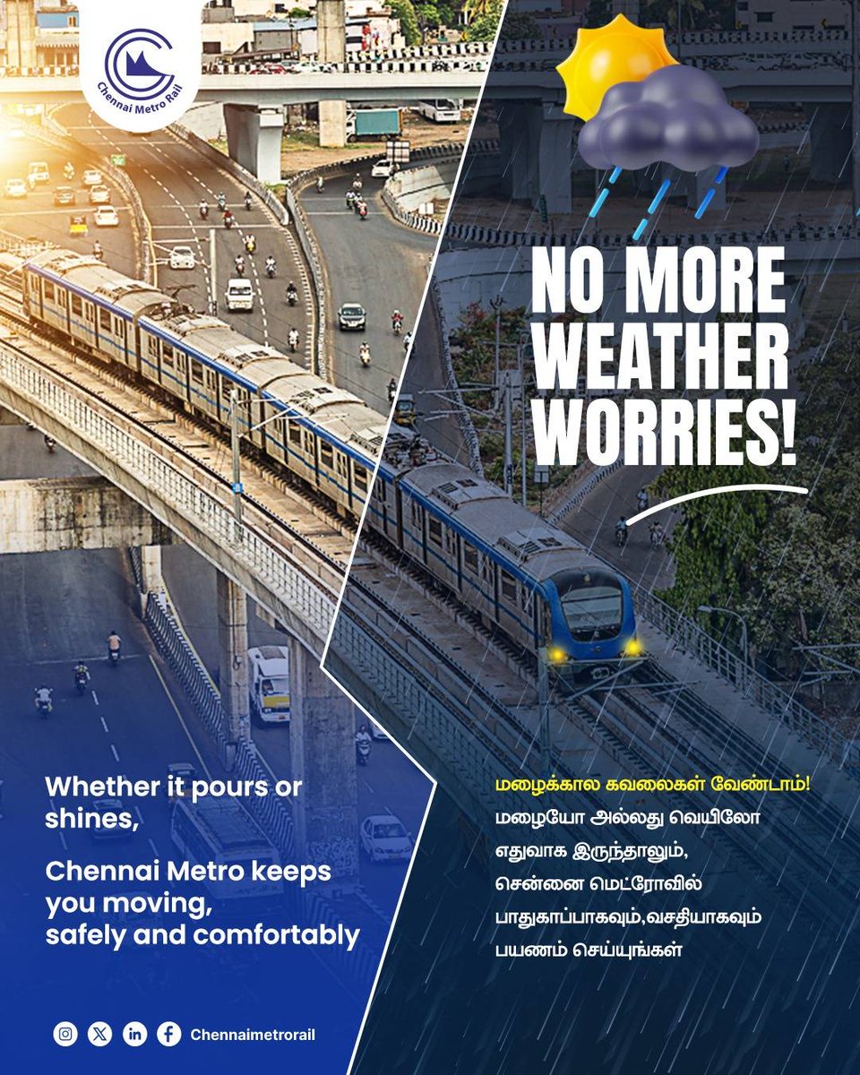 cmrlofficial's tweet photo. Chennai Metro ensures safe and reliable travel in all weather conditions.
#ChennaiMetro #CMRL #MetroRail #ChennaiTraffic #MonsoonTravel #SafeCommute #PublicTransport #ChennaiCity #UrbanMobility #TravelSafe #MetroServices #WeatherReady https://t.co/7FFhEl3iWr