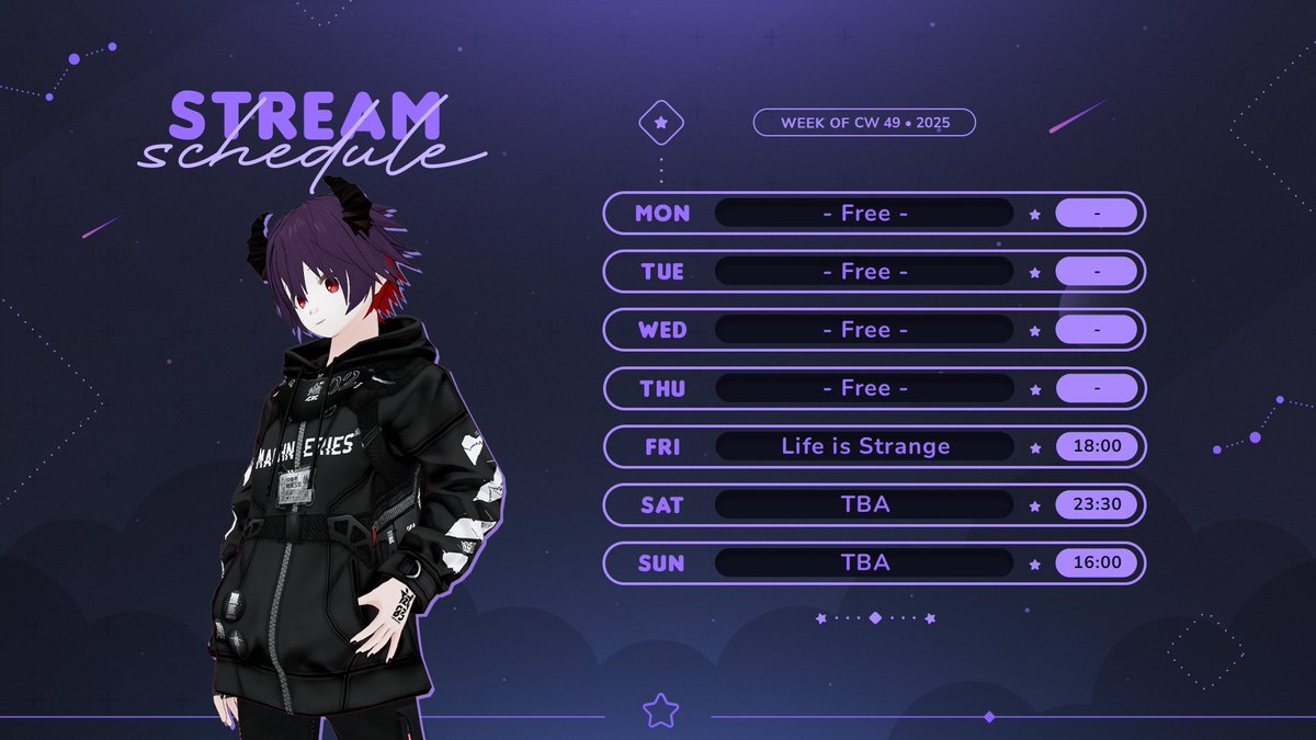 📅 Streamplan KW 49
KW 49 wird ruhiger, weil ich mich auf eine Prüfung vorbereite. Am Samstag bin ich bei der Telefonhotline (Vorverkauf, Ankündigung Do) im Einsatz und danach geht’s auf den Weihnachtsmarkt 🎄💜

#Sentreya #Streamplan #Schedule #VTuberDE #GerVTuber #TwitchDE