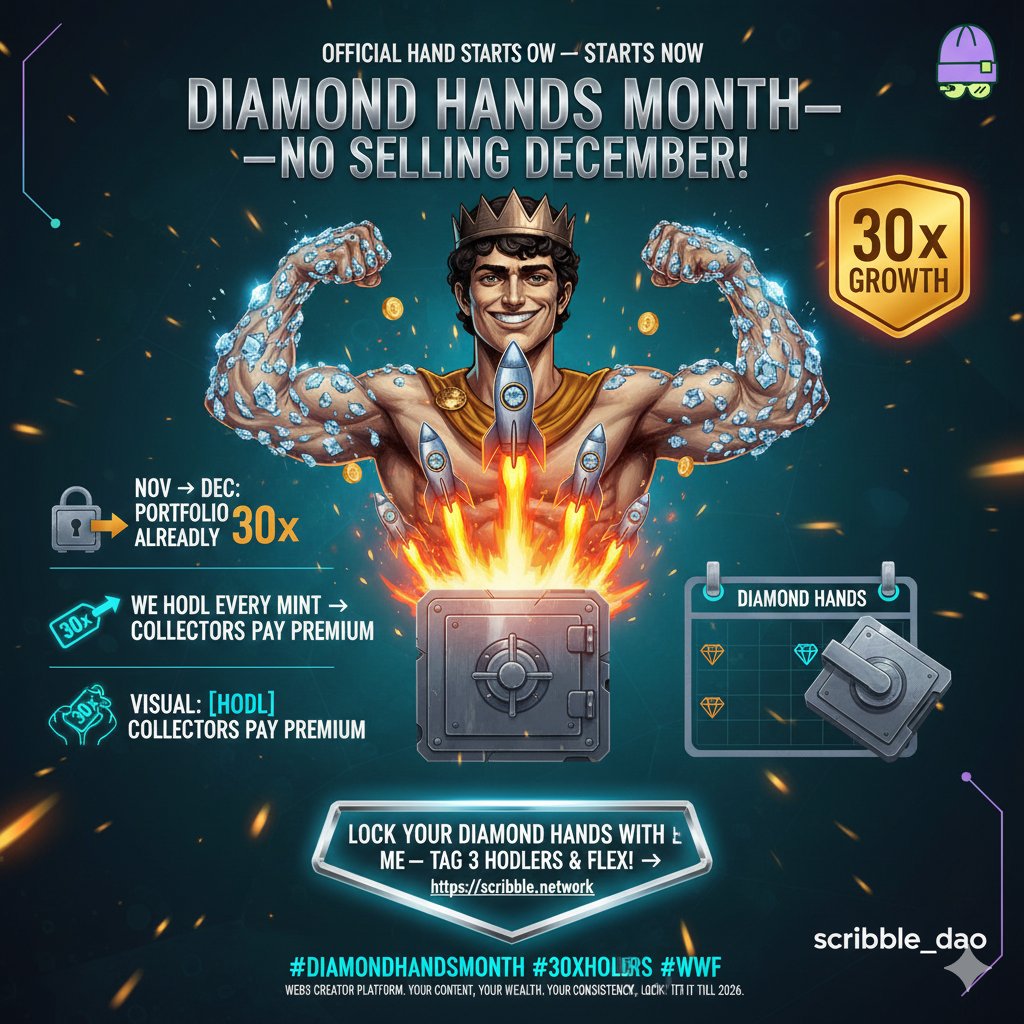 𝔻𝕀𝔸𝕄𝕆ℕ𝔻 ℍ𝔸ℕ𝔻𝕊 𝕄𝕆ℕ𝕋ℍ 𝔹𝔼𝔾𝕀ℕ𝕊 ℕ𝕆𝕎!!

Great Frens, December = NO SELLING!

My Scribble portfolio has already grown by 30x since November.

We HODL every mint, and watch collectors pay a premium!

Who's going to lock diamond hands with me this month?

Comment