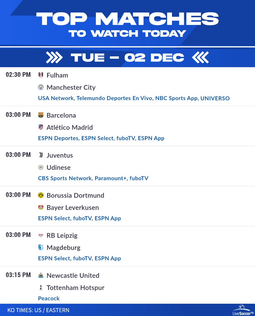 Big day of football ahead! 

⚽️ Here are Tuesday's must-watch matches:

#BarçaAtleti | #FULMCI | #BVBB04 | #NEWTOT