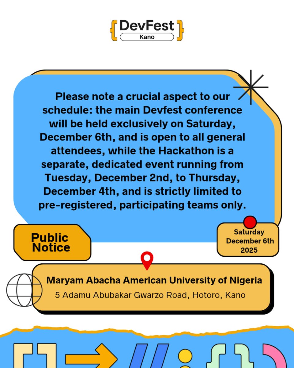 binbash__'s tweet image. 📌 Please note 
#RoadToDevFest #DevFestKano #TechInKano #CantWait #devfest #devfest2025 #DevFestKano @devrel @gdgdevfest #ssa