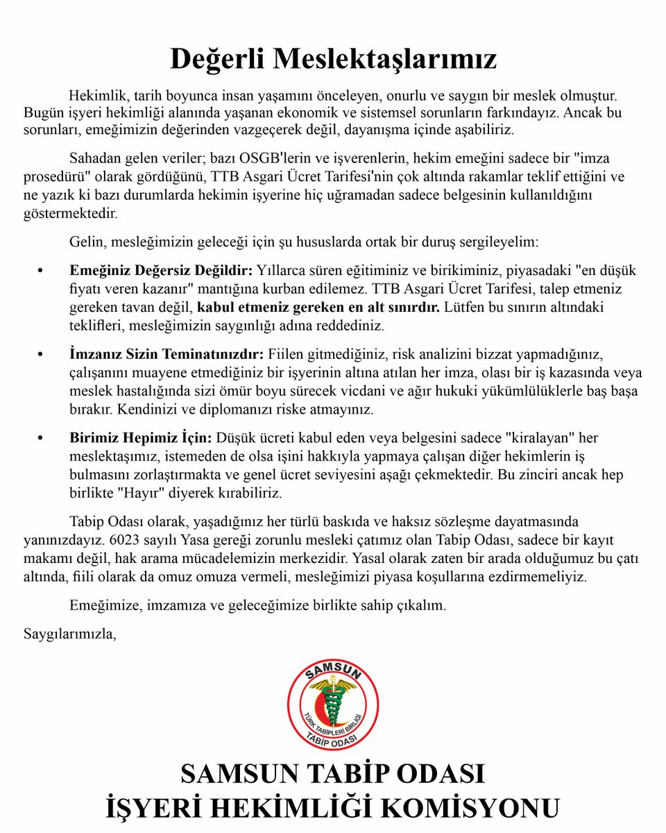 Samsun Tabip Odası İşyeri Hekimliği Komisyonu Açıklaması