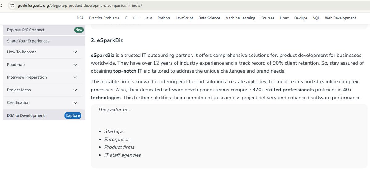 brady7845's tweet image. Another victory for creativity and quality!

GeeksforGeeks ranks eSparkBiz 2nd among India&apos;s top seven product development companies.

See the official list: bit.ly/4rLUiD8

#DigitalTransformation #TechRecognition #ProductDevelopment