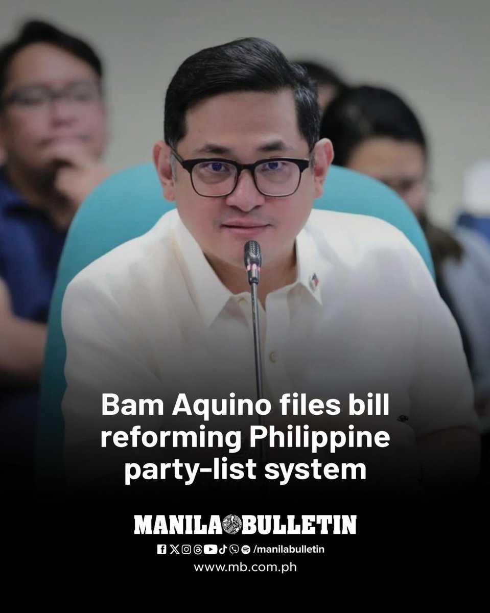 manilabulletin's tweet image. Senator Paolo “Bam” Aquino IV has filed a bill seeking to reform the country’s party-list system, in a bid to ensure that representatives genuinely serve the marginalized and underrepresented sectors and help curb corruption. 

READ: mb.com.ph/2025/12/02/bam…