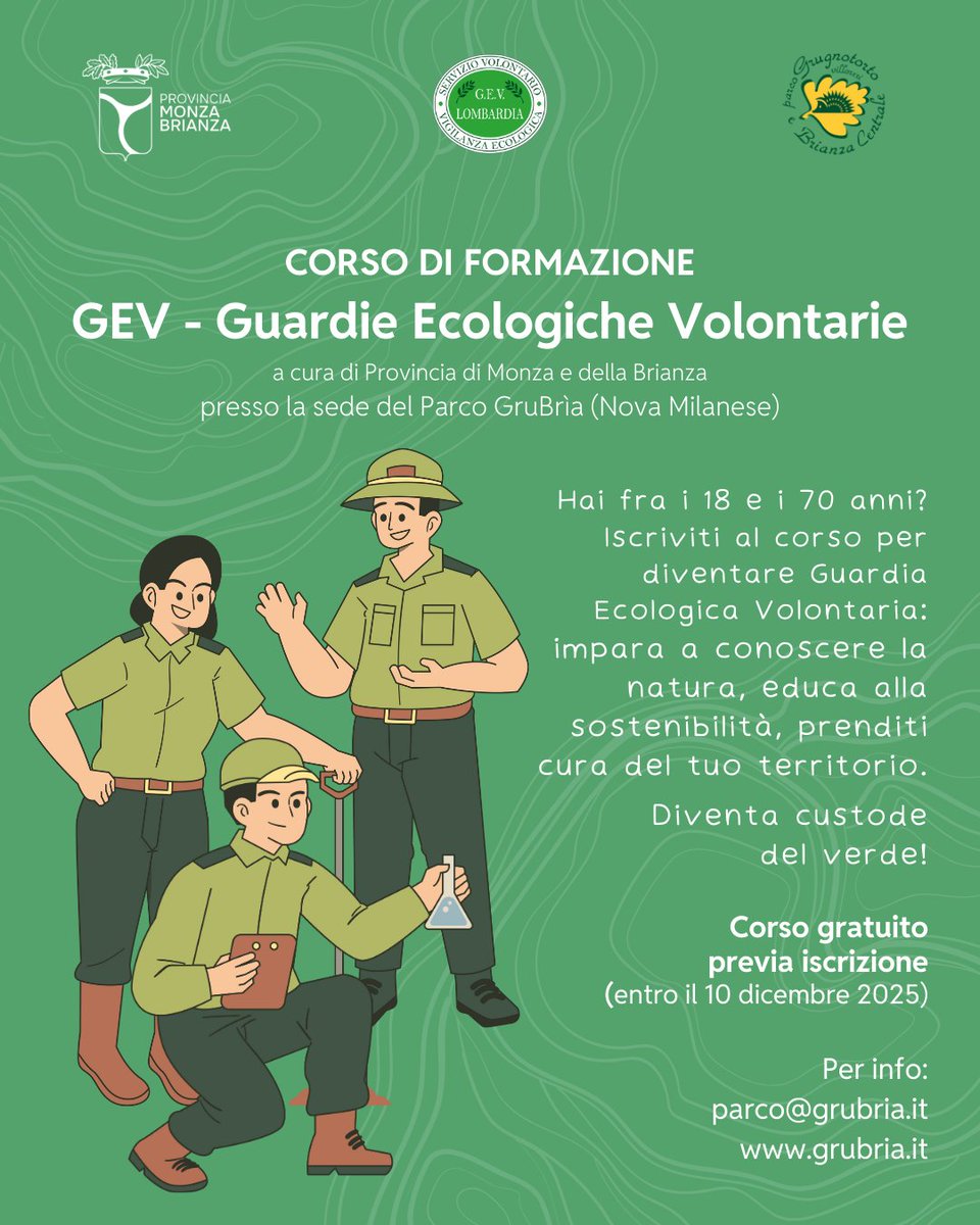 🌱 Vuoi prenderti cura del tuo territorio?
📚 Allora non perderti il corso gratuito per diventare GEV - Guardia Ecologica Volontaria che parte il 18/12/2025!

🕗 Mart. e giov., 20:30-22:30
📍 Parco GruBrìa – Nova Milanese
📅 Iscrizioni entro il 10/12

ℹ️ bit.ly/GEV-GruBrìa-20…