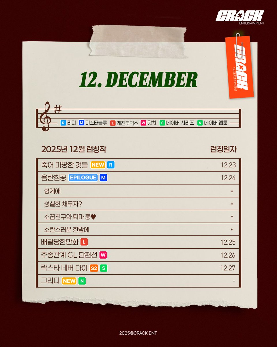 📅2025년도 12월 크랙 런칭 리스트🥳
더 많은 플랫폼에서, 더 다양한 크랙 작품을 만나보세요! 🙌

12월에는 신작<#늑대는태양을훔친다>, <#추강에밤이드니>, <#나를홀린이웃집스타>,<#사탄의순애>,<#죽어마땅한것들>,<#그리디>를 비롯해 화제작 <#음란침공>단편선 에필로그, 그리고 시즌2로 돌아온