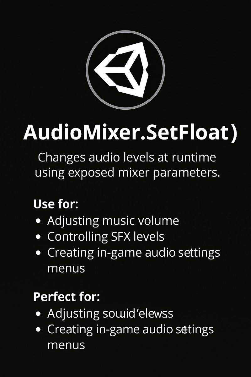 ✅ Today’s Unity tip 👉 AudioMixer.SetFloat()

AudioMixer.SetFloat() lets you adjust audio levels in real-time using exposed mixer parameters.
Perfect for creating adjustable volume settings inside your game.

Use for:
✔ Music volume sliders
✔ SFX control
✔ Dynamic audio