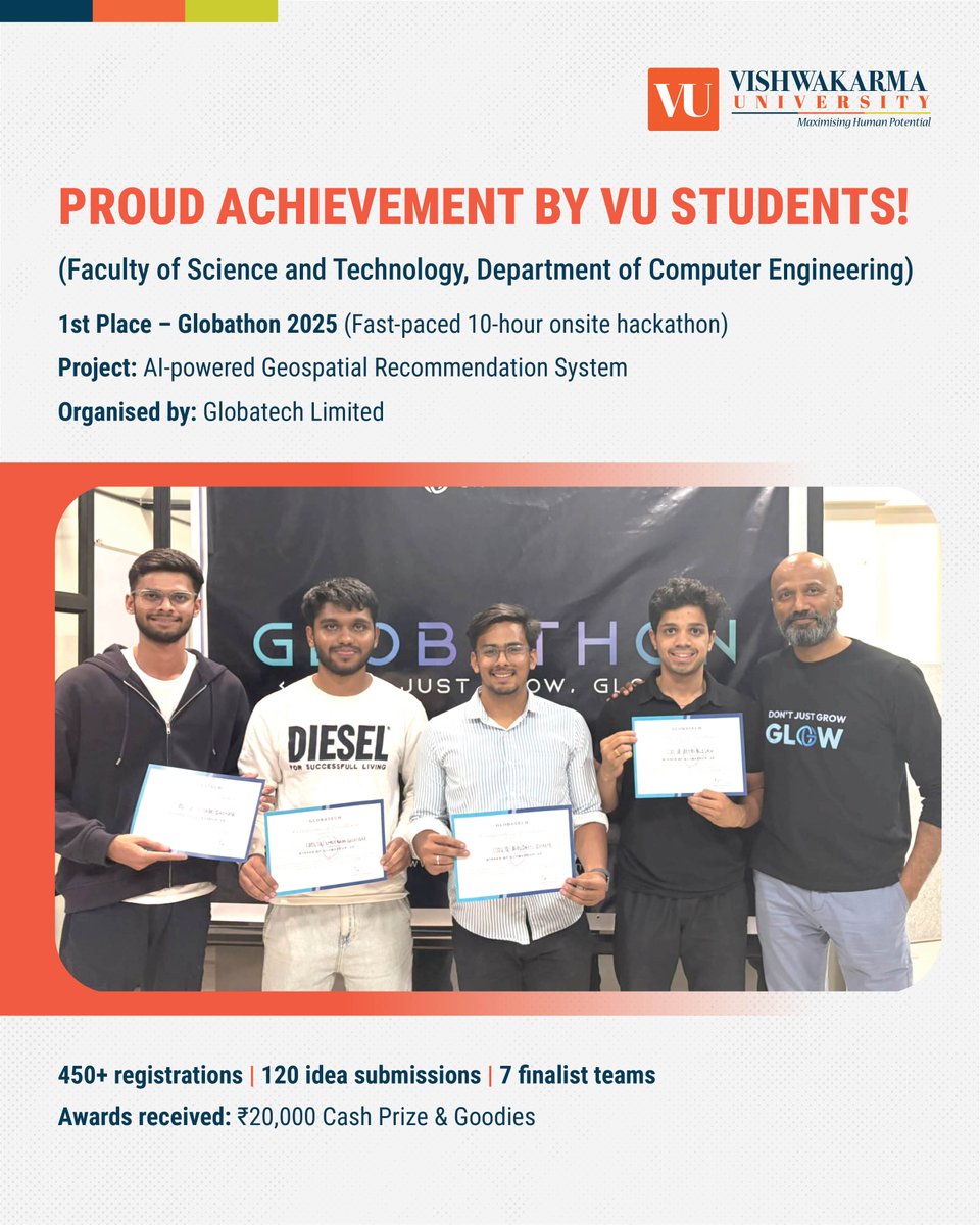 Innovation at its best!🎉

Proud moment for the Faculty of Science &amp; Technology, Department of Computer Engineering, Vishwakarma University, Pune!💻

Our students won Gold at Globathon 2025 for their AI-powered Geospatial Recommendation System🏅

#VUPune #EngineeringInnovation