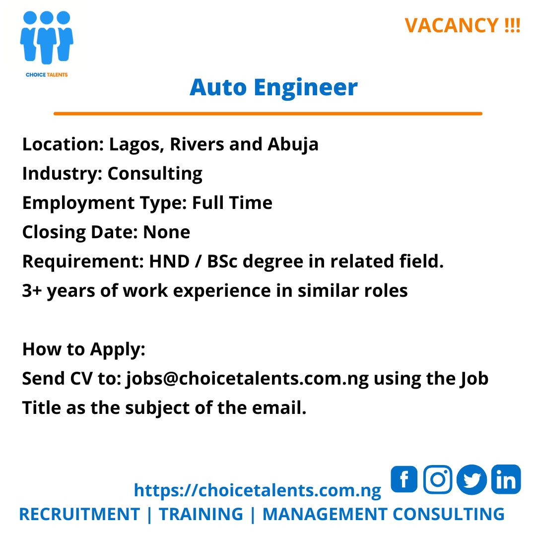 talentsng's tweet photo. Auto Engineer

Job Overview
The Automobile Technician is responsible for diagnosing, maintaining, and repairing a wide range of vehicles in line with manufacturer specifications and workshop standards. The ideal candidate is technically sound, efficient, and committed to qu.... https://t.co/WnxpJec0EJ