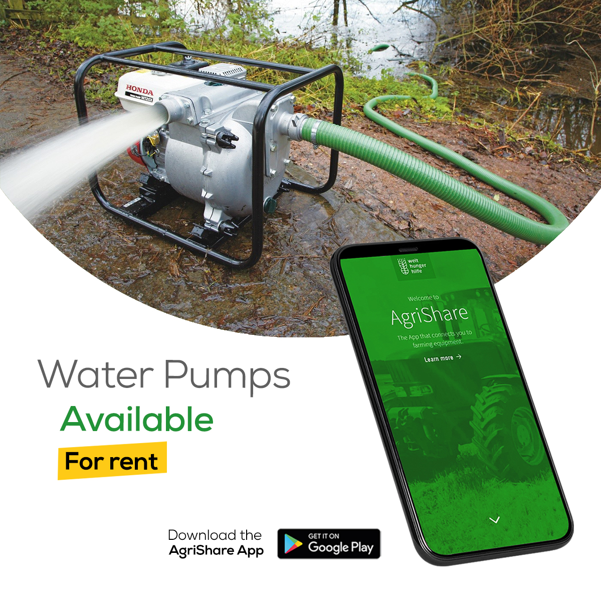 Every crop dreams to grow strong and fruitful,
but the heat can slow everything down.  

When the sun gets too hot, a reliable water pump brings life back to your fields.

Keep your crops happy.
Water pumps for hire, only on AgriShare.