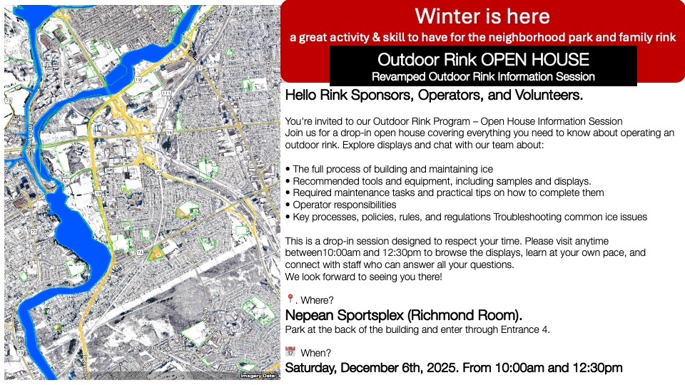 Sat Dec 6 Canadian Ice Maker Session see you there for Riverside Park!

Winter is here a great activity &amp; skill to have for the neighbourhood park a family rink experience.

Help plan the 'Sun Snow Ice Rain Festival' Feb 14 - volunteer too!

We will be there!