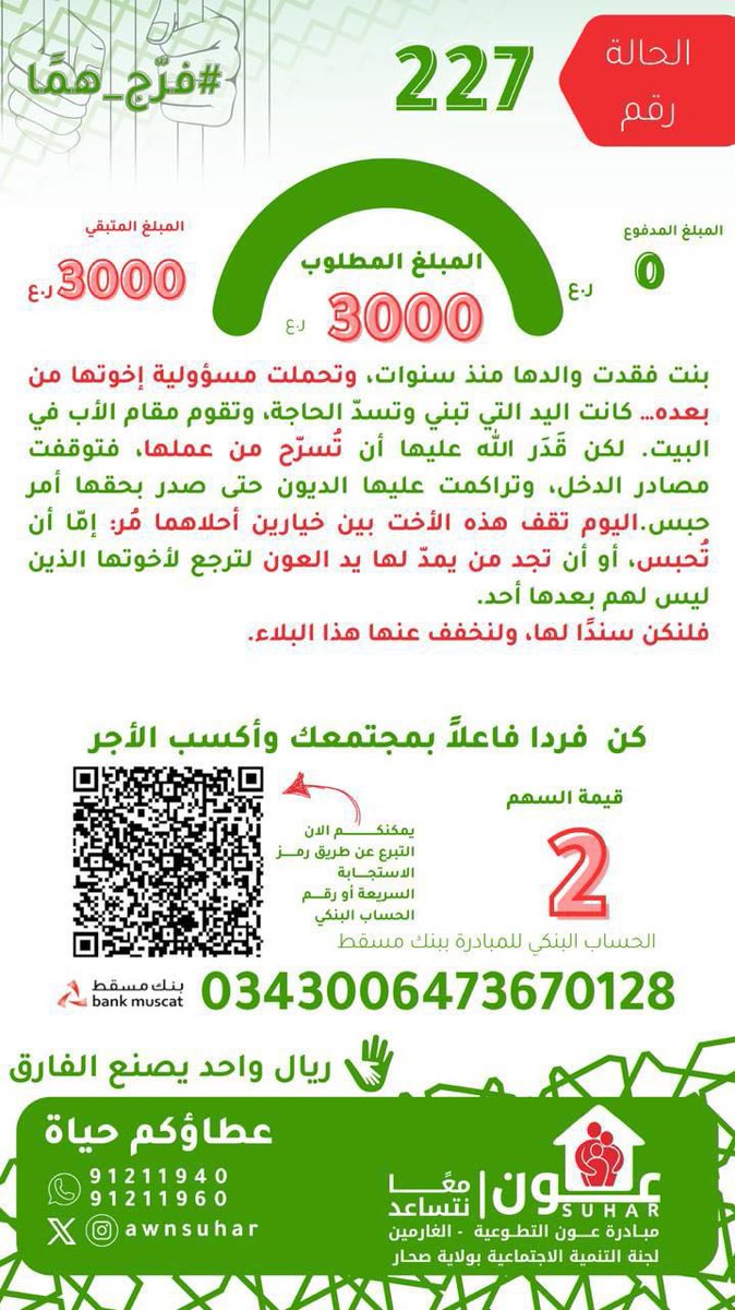 📣الحالة :٢٢٧
💰المبلغ المطلوب ٣٠٠٠ ريال

☘️ بنت فقدت والدها منذ سنوات، وتحملت مسؤولية إخوتها من بعده… كانت اليد التي تبني وتسدّ الحاجة، وتقوم مقام الأب في البيت.
لكن قَدَر الله عليها أن تُسرّح من عملها، فتوقفت مصادر الدخل، وتراكمت عليها الديون حتى صدر بحقها أمر حبس.