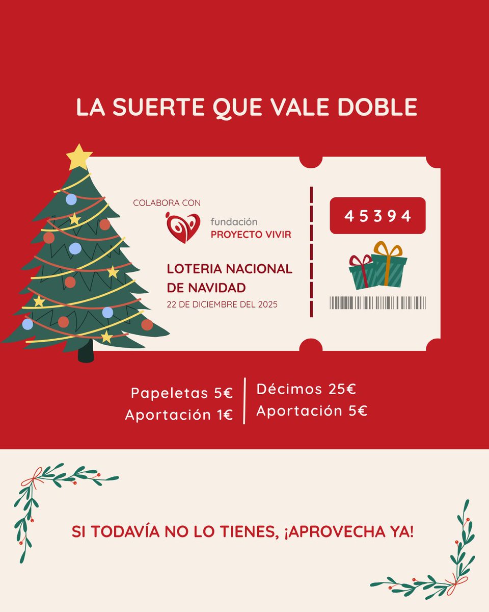 🍀 ¡La suerte que vale doble!

🎟️ Nº 45394 – 5 € papeleta | 25 € décimo

💳 Pago:
Bizum ONG 01126
Transferencia ES75 3159 0066 9828 5328 2123
Efectivo en Tienda o sede