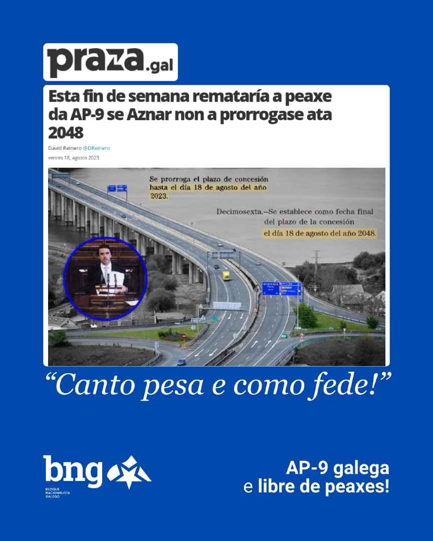 obloque's tweet image. PP e AP-9:
- Privatizaron a AP-9 e prorrogaron a concesión e a peaxe ate 2048.
- Grazas ao PP seguimos pagando o que debera ser xa de balde.
- Vetaron 2 veces o debate da transferencia no Congreso con Rajoy.

AP-9 galega e libre de peaxes! ✊