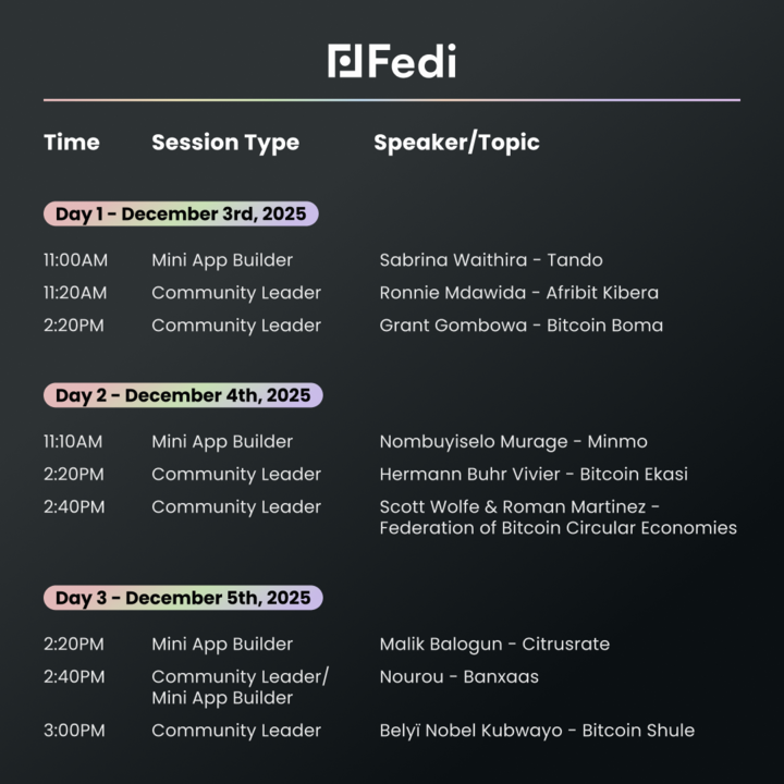📅 FULL SCHEDULE DROPPED!
Check out what the Fedi Community Spotlight speakers will be covering at the <a href="/AfroBitcoinOrg/">Africa ₿itcoin Conference</a> in the Fedi Community Corner (Fedi Lounge).

Come see these builders and community leaders bringing real-world Bitcoin solutions to life. 

Click the link to be