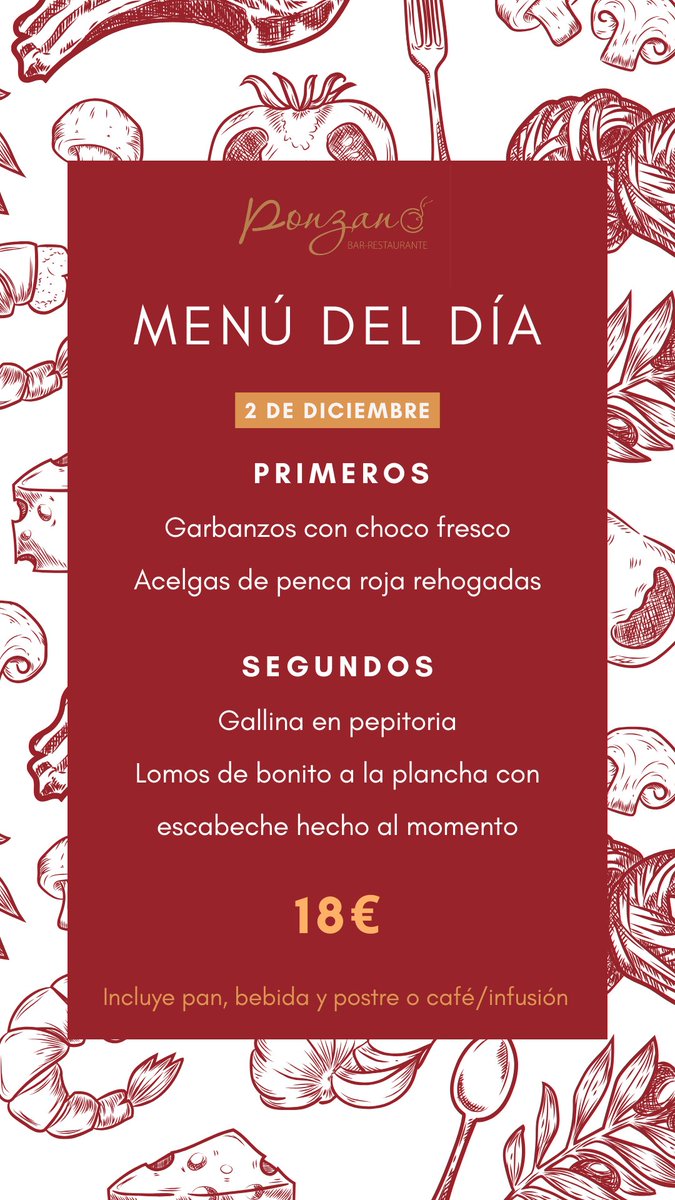 Hoy tenemos de menú unos Garbanzos con un choco fresco buenísimo, y como alternativa, Acelgas de penca roja. Entre los segundos, Gallina en pepitoria o bonito que acompañamos con un escabeche hecho al momento para chuparse los dedos. ¿Vienes?