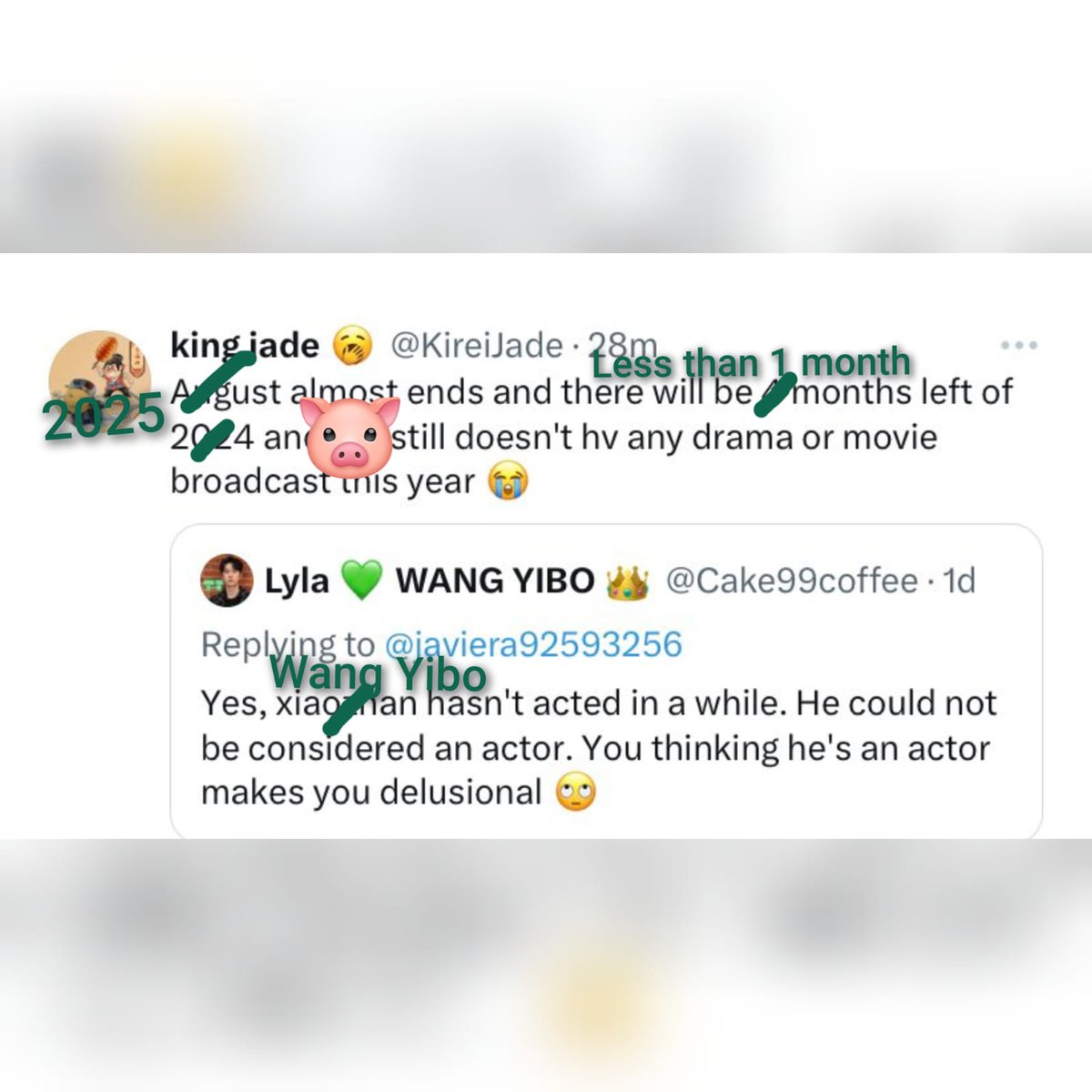 ruby91005's tweet image. If you see Wang Yibo fans crying around about Xiao Zhan again, just show them their own old tweets.

&quot;2025 almost end, there will be than 1 month left of 2025, #WangYibo hasn&apos;t acted in a while, he could not considered actor. You thinking he&apos;s actor made you delusional 🫩&quot;