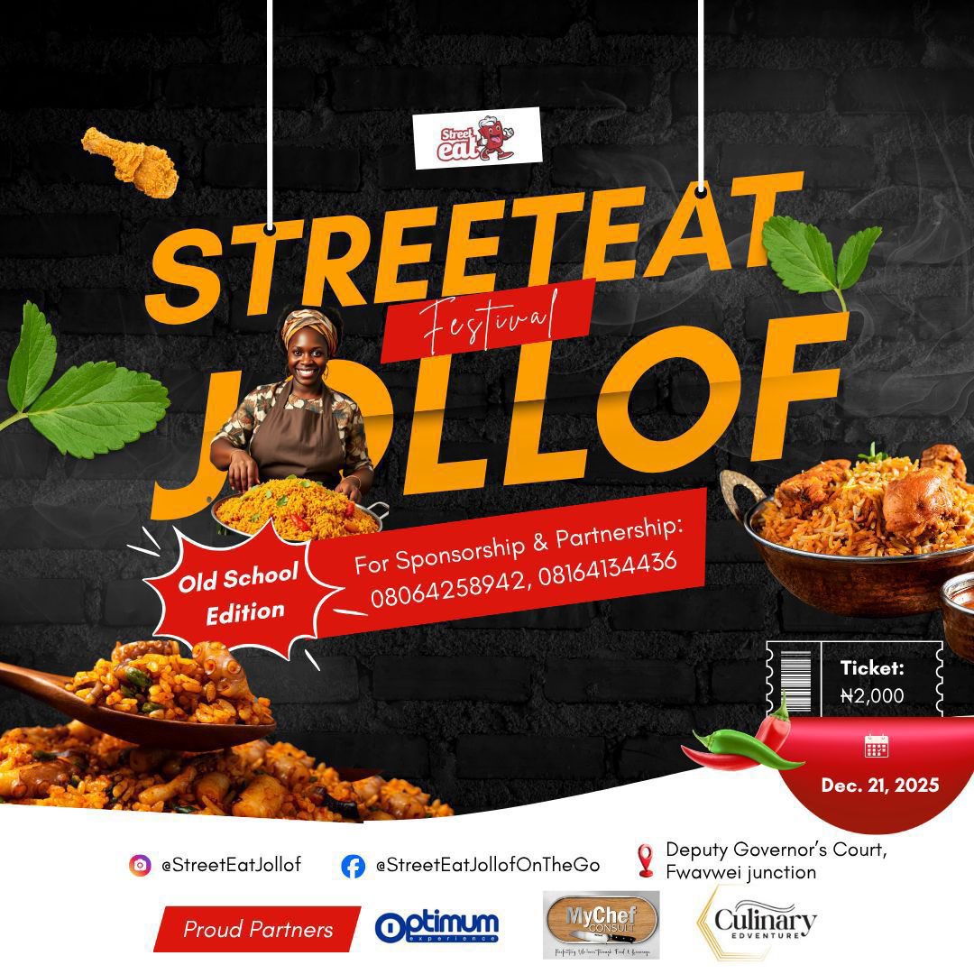 My_specc's tweet image. StreetEat Jollof Festival is here again
Come let’s celebrate the legendary taste of authentic jollof like never before. 😍🍽️
Join us on December 21, 2025 at Deputy Governor’s Court, Fwavwei Junction for great food, good vibes, and unforgettable memories.

🎟️ Ticket: ₦2,000
📞…