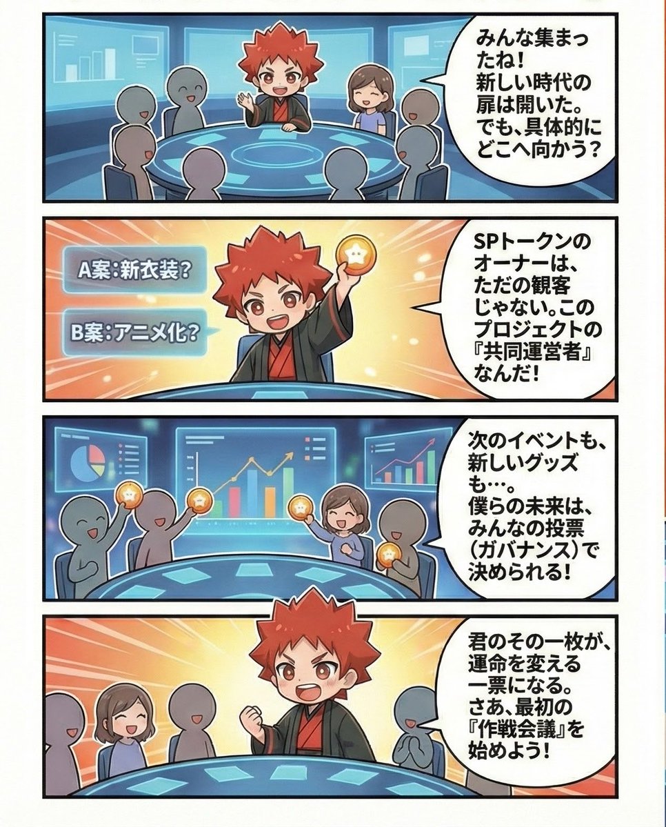 japandao's tweet image. 4コマ漫画 オンチェーンIPとは？
第4話 『みんなで未来を創ろう！』