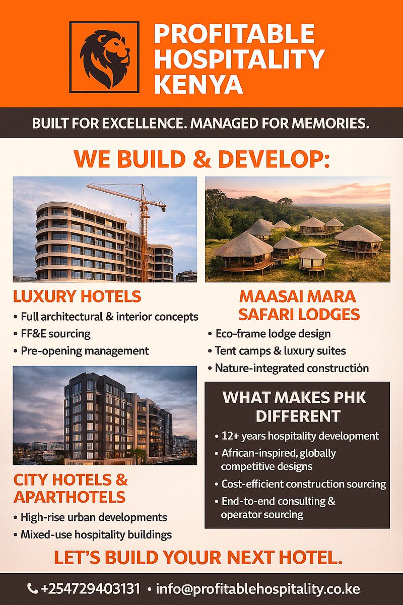 ProfitableKe's tweet image. Profitable Hospitality Kenya –

We design and build:
✔ Luxury Hotels

We deliver African-inspired hospitality developments built for global standards.

📍 Nairobi | Maasai Mara | East Africa
📞 +254 729403131
📧 info@profitablehospitality.co.ke